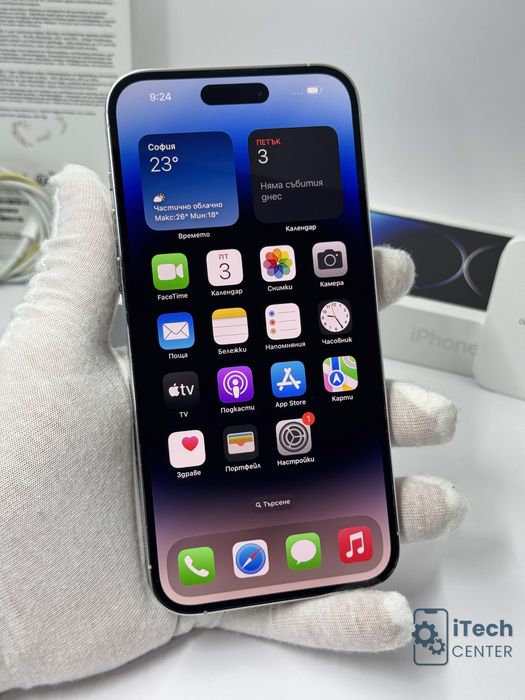iPhone 14 Pro Max, 128GB, Silver, 100% батерия, КАТО НОВ, 1г. ГАРАНЦИЯ!