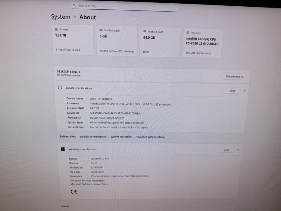 HP Z620 Workstation – 2× Xeon E5-2680 v2 / 64 GB RAM / GTX 1060 6GB / 2TB