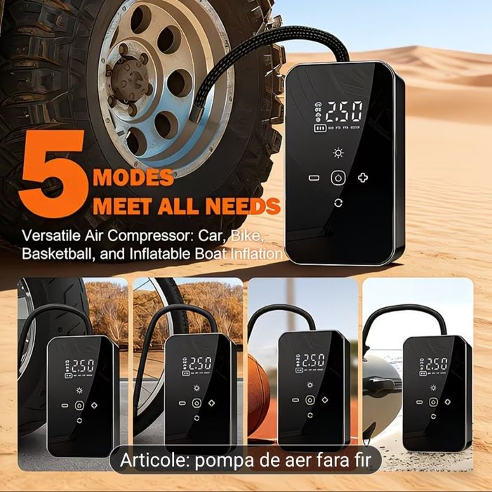 Acest compresor de aer cu utilizare duală, potrivit atât pentru operare wireless, cât și cu fir, dispune de un motor de înaltă performanță