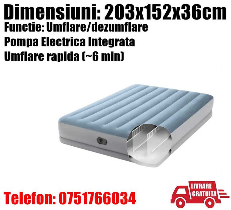Saltea Pat Gonflabila Intex 2 Persoane Cort Oaspeti Pompa 203x152x36cm
