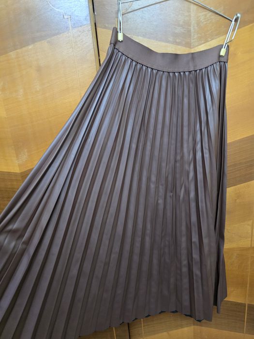 Fusta midi plisata imitatie de piele, marimea M, maro