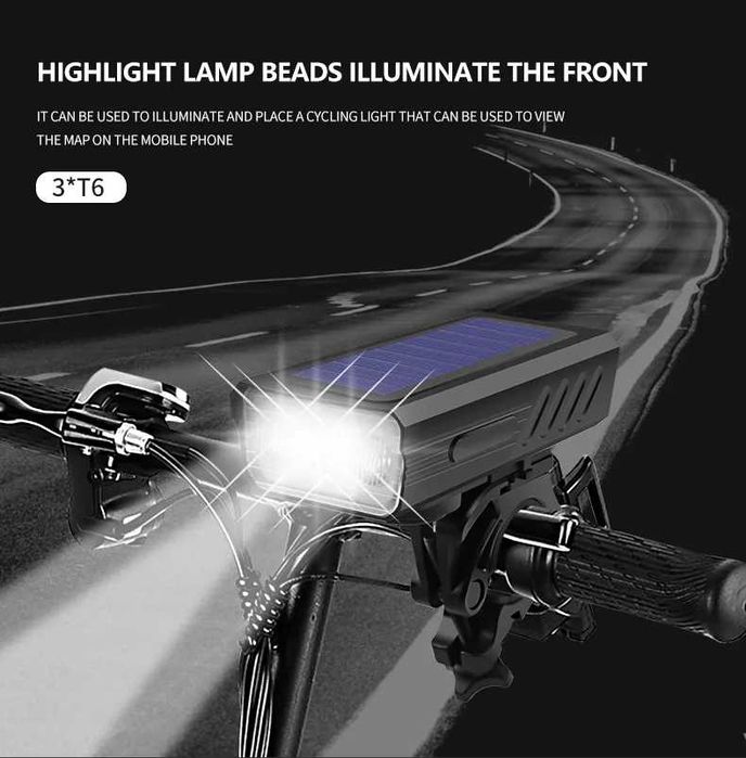 Соларен фар за велосипед с 3*T6 диода, сирена 120dB, 3000Lm