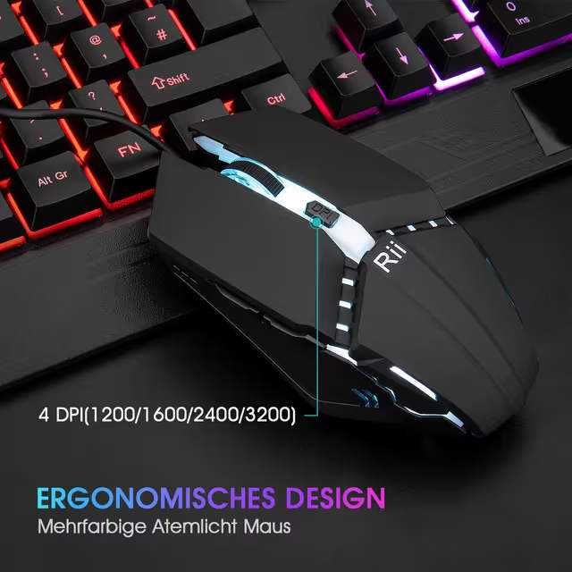 Rii игрова клавиатура и мишка комплект RGB подсветка QWERTZ водоустойчив USB