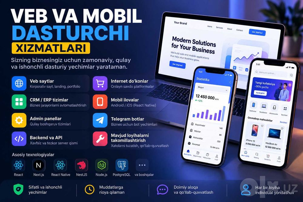 Professional dasturchi — veb sayt va mobil ilova yarataman