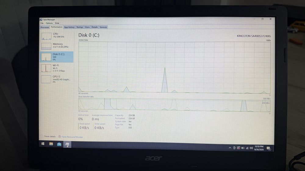 Laptop Acer i3 quad SSD 256 12GB RAM