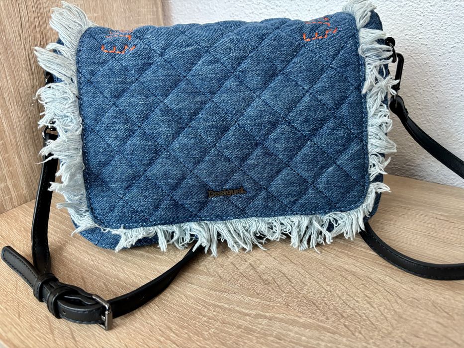 Geanta femei Desigual originala , denim cu franjuri si broderie