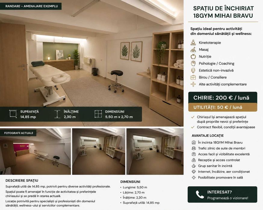 Spatiu de inchiriat 18Gym Mihai Bravu ideal wellness & servicii