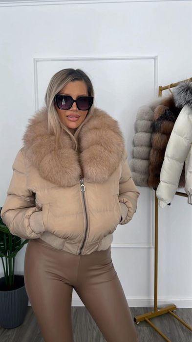 Geaca Dama fâș guler din blana naturala vulpe captuseala puf gasca