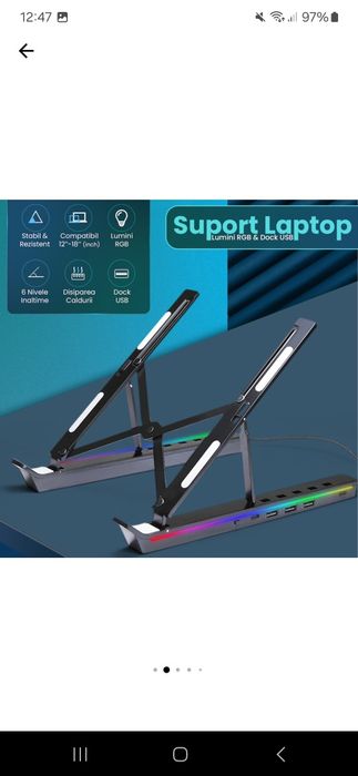 Suport pentru laptop si tableta 12-18" Timebox, Hub adaptor 3 x USB, 2