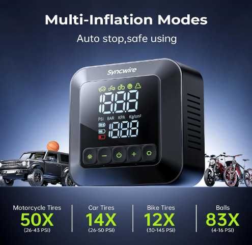 Преносима помпа за гуми Syncwire, 150 PSI за автомобилни гуми