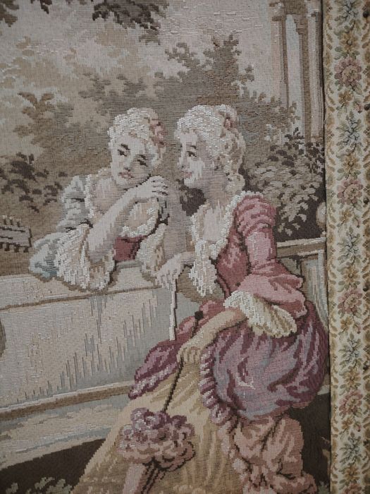 Superba tapiserie veche scenă galantă pastorală cu figuri aristocrati