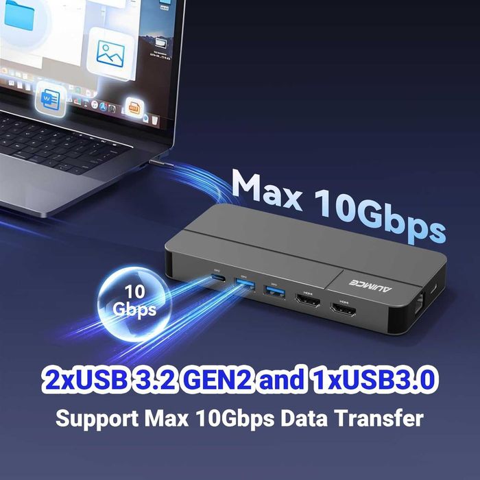 AUIMCE Докинг станция 2х HDMI и USB C порт, до 4K/60Hz, MacOS/Windows