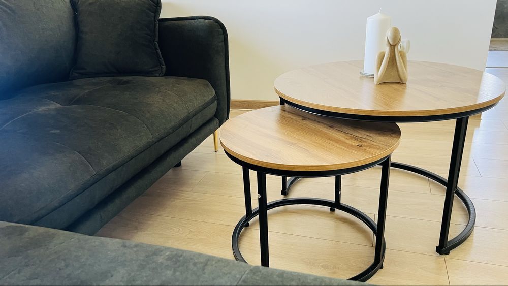 Set 2 măsuțe cafea stejar cu picioare negre – 70 cm + 50 cm