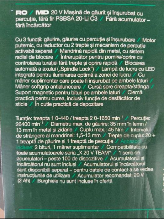 Aparat de înșurubat cu percuție parkside 20v