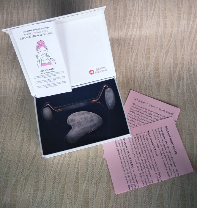 ЛУКС КОМПЛЕКТ ролер и Гуа Ша - аметист кварц нефрит авантюрин КОЛЕДА