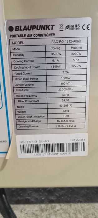 Мобилен климатик Blaupunkt, модел BAC-PO-1312-A06D 12000btu