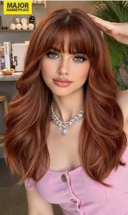 Perucă lungă castaniu-roșcat, cu breton,  – 21 inci