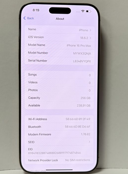 Apple iPhone 16 Pro Max 256 GB 91% Battery