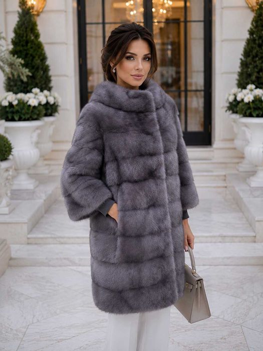Haină de Nurcă Naturală Premium , Vizon , Blană de Lux , Culoare Exclusivă Gri , Mărime L–XL