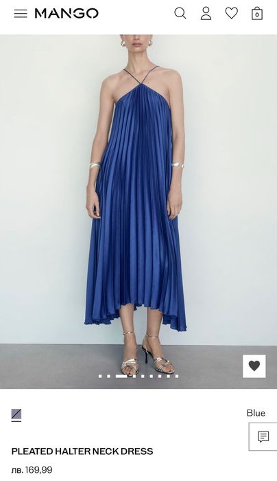 Нови дълга рокля с пайети и гол гръб, плисирана синя рокля Mango