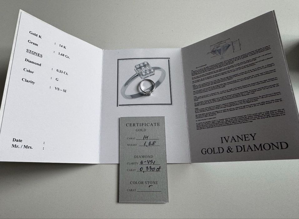 Нов! Рядък годежен пръстен с диаманти 0.33ct, бяло злато + сертификат