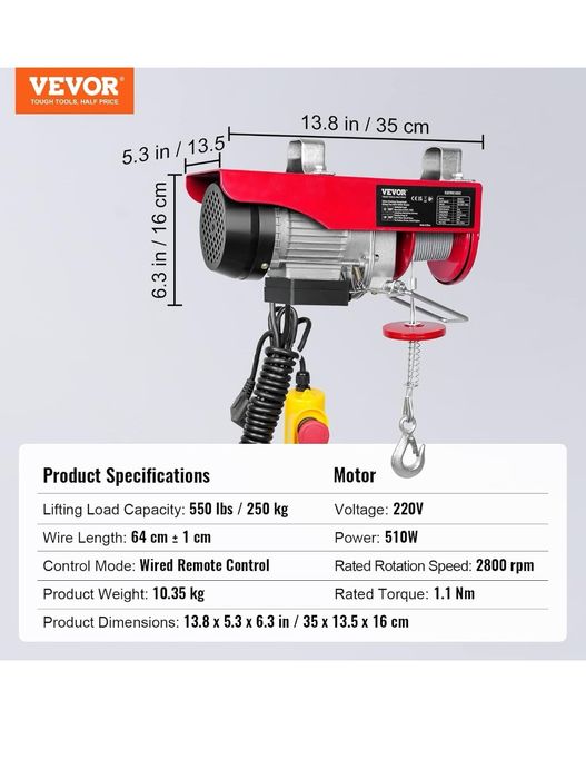 Troliu electric vevor 250kg,500w nou