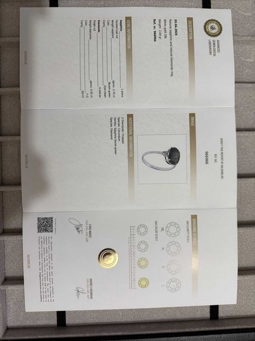 Inel aur alb 18k- Safir natural 2.70 ct si Diamante certificat laborator