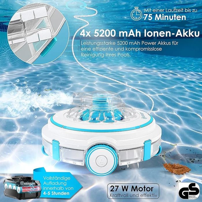 Robot curățare piscina, 4 baterii Li-lon, 5200 mAh, frânghie 3 M, 27wati, 80L/minut