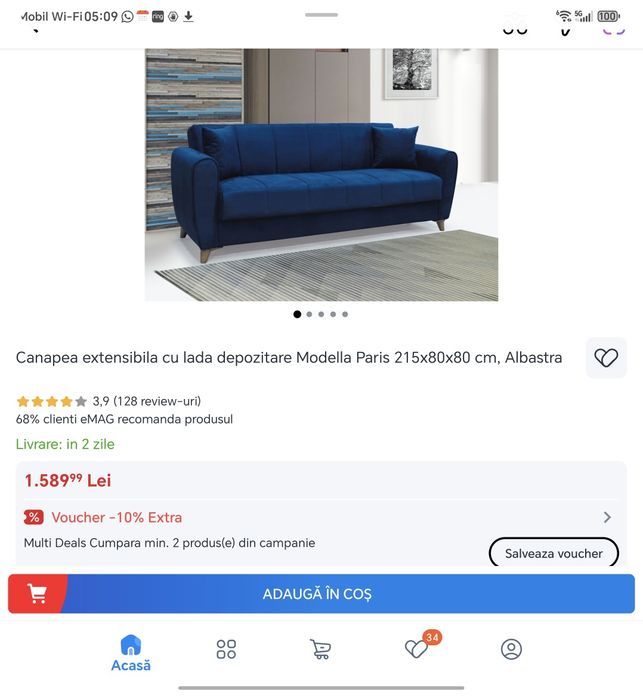 Canapea extensibila cu lada depozitare Modella Paris 215x80x80 cm