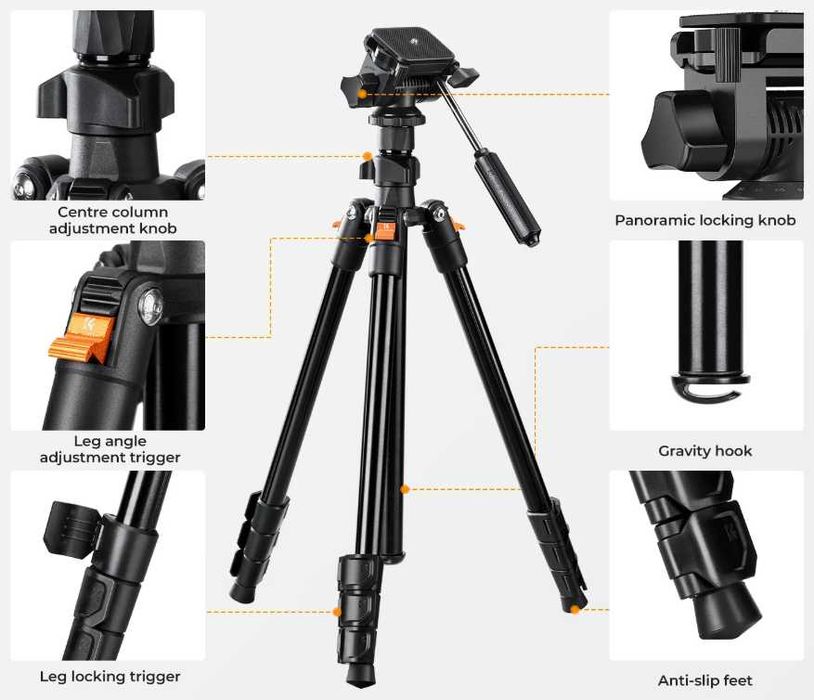 K&F Concept Статив , трипод с видео глава и държач за телефон 196см.