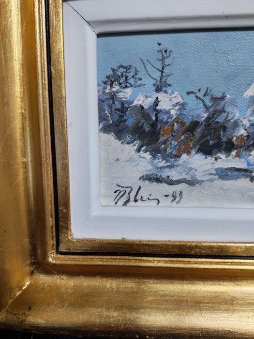 Tablou original Blei Nicolae - peisaj de iarna 18,5 x 19 cm, semnat