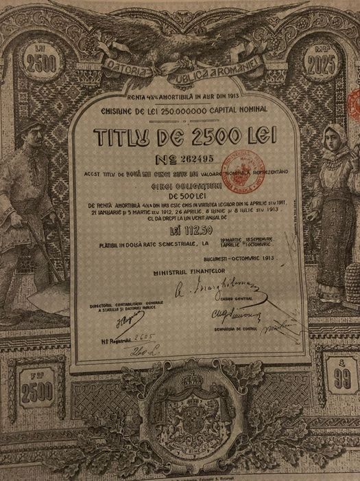 titlu stat 2500 lei aur Romania 1913  obligatiune  bond neincasat