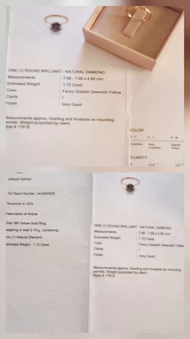 Inel cu diamant NATURAL stralucire pura, 1,72C,aur 18K,Round Brilliant