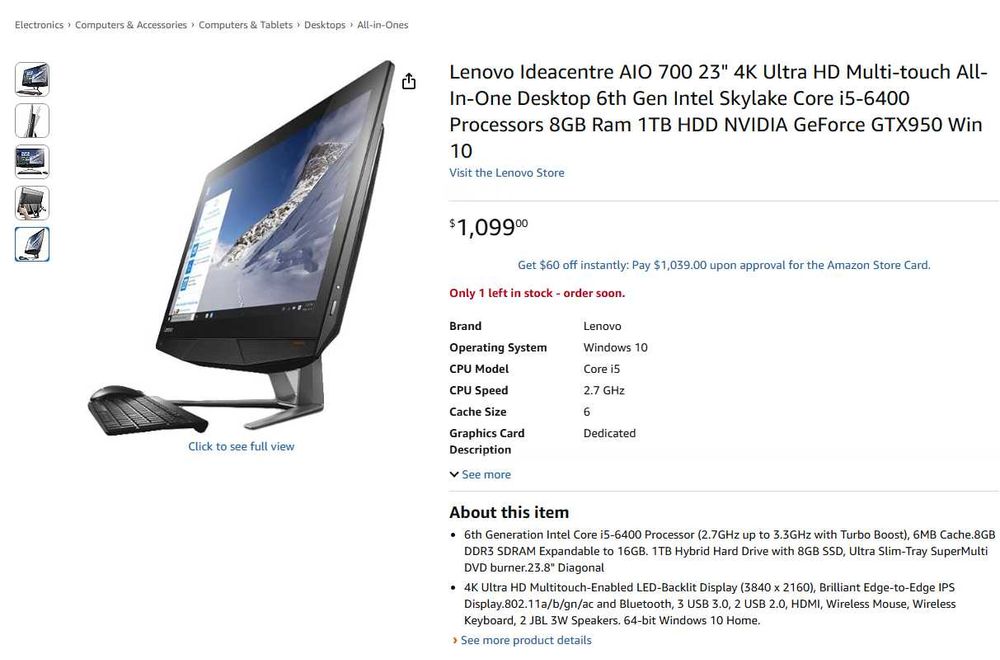 Игровой Моноблок Lenovo 24"/4K/UHD/i5/GTX 950A/12GB/SSD256+1TBHDD