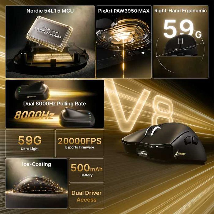 [Reducere-40%] Mouse wireless ATTACK SHARK V8 Ergonomic, 42000 DPI, Open Box