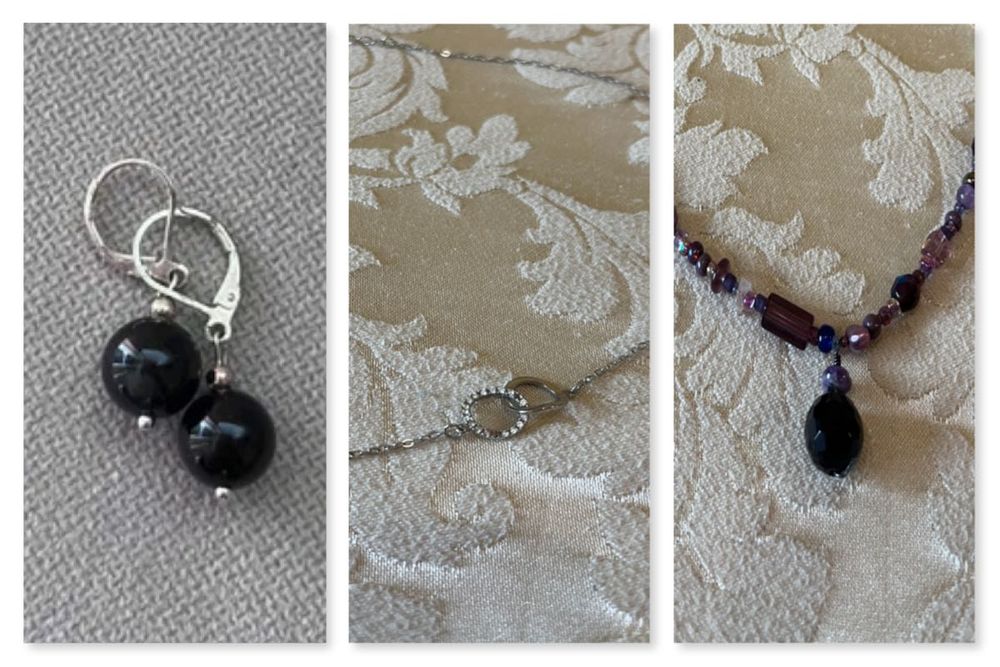 Бижута Обици Колиета от черен ахат сребро лилави полускъпоценни камъни