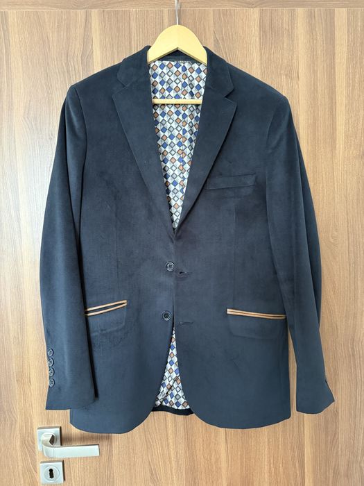 Costum barbati albastru elegant marime 50 sacou Plus Ninety pantaloni slim fit