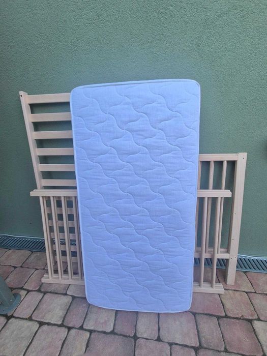 Set pătuț bebe lemn natur 120x60 + saltea + protecție NOU