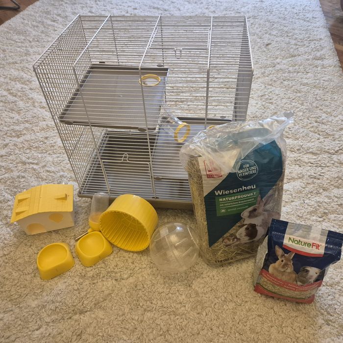 Cușcă hamsteri (3 niveluri) + Pachet complet accesorii, hrană și fân