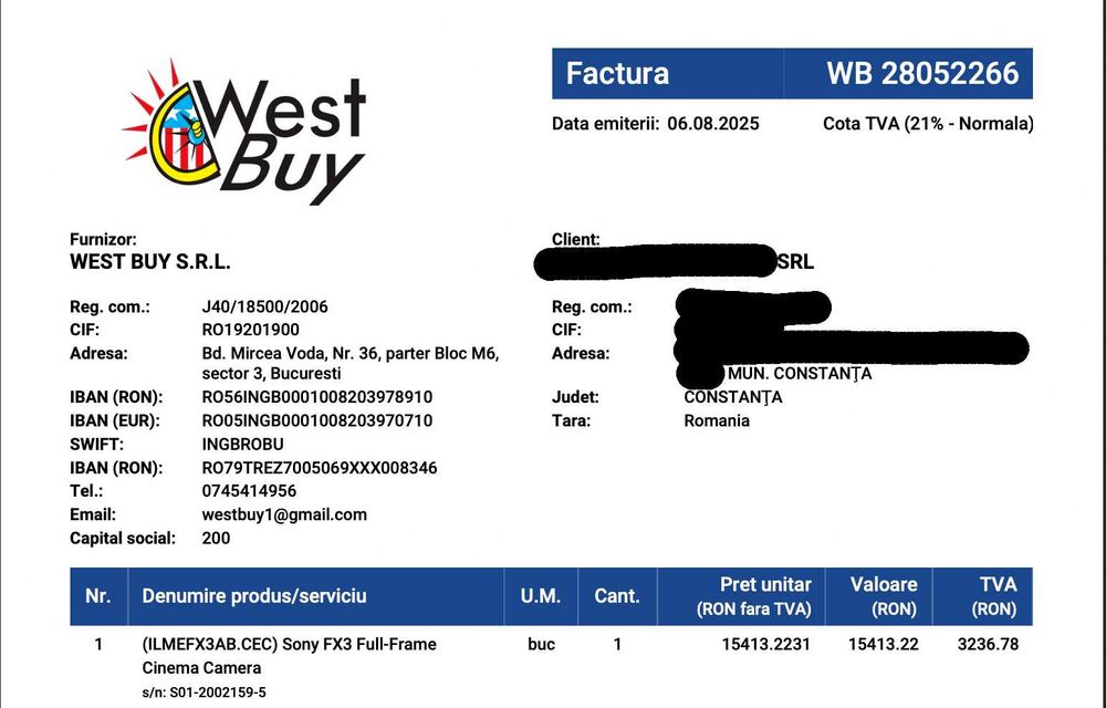 Sony FX3A Cinema Line – Aspect 10/10, Garanție 2028, West Buy, Factură