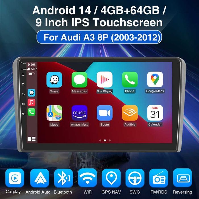 Audi A3 03/12 9” 2-DIN с Android’14, 4G/LTE, WiFi, 4/64GB, 8-core CPU