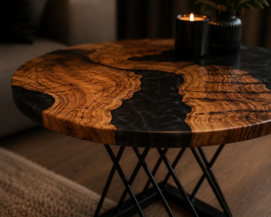 „Masă cafea epoxy din lemn de măslin premium handmade”
