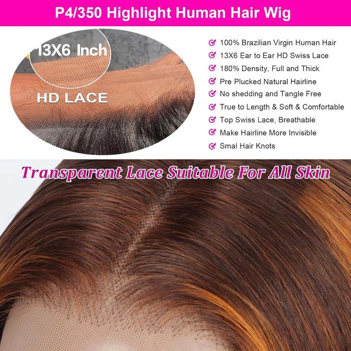 Естествена перука – кестенява с оранжеви кичури, 60 см, дантела 13х6