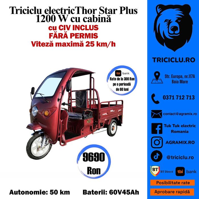 Triciclu electric Thor STAR PLUS visiniu cu motor de 1200W-CIV Agramix