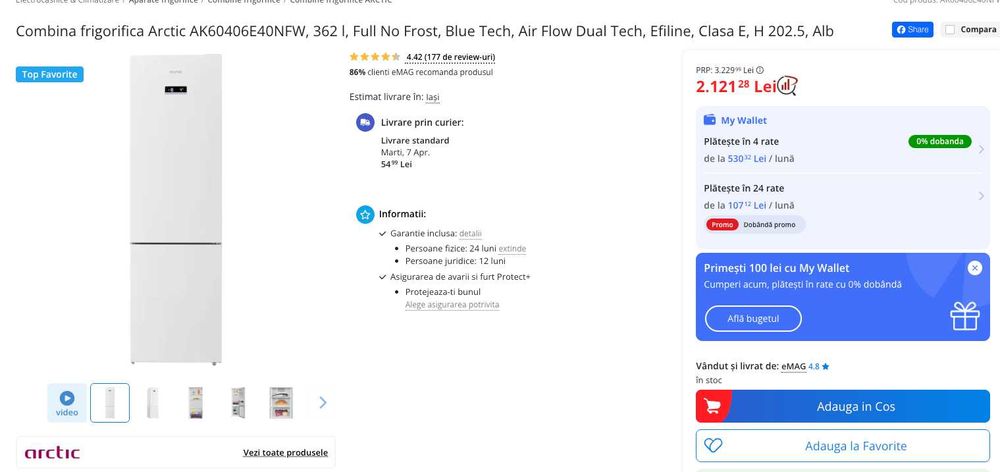 Combina frigorifica Arctic AK60406E40NFW 362L Full No Frost Blue Tech Air Flow