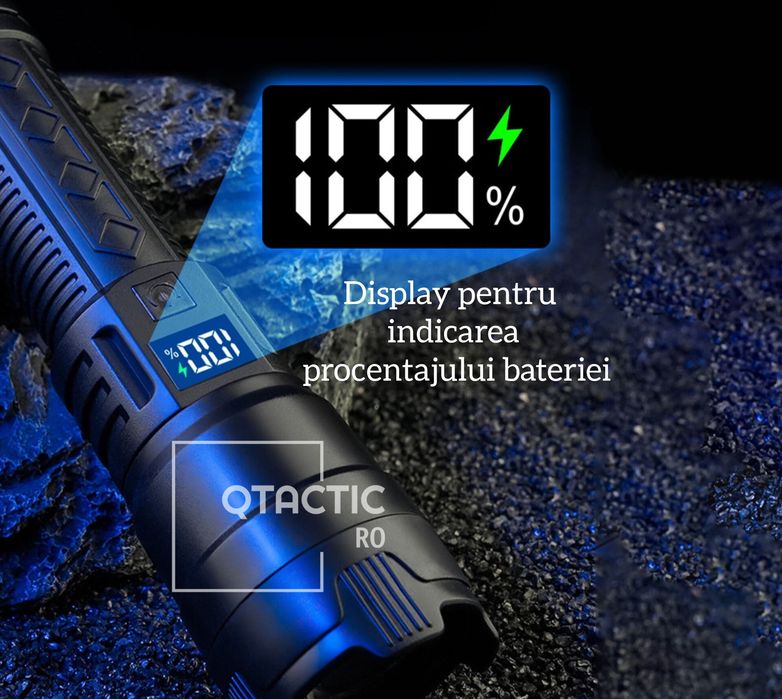 Lanternă tactică cu LED, afișaj digital, puternică, incărcare USB