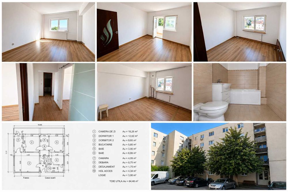 Apartament 3 camere decomandat, 64 mp, Luminos , Zonă liniștită