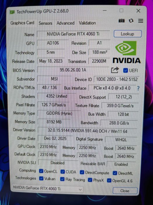 MSI Geforce RTX 4060 TI GAMING X - 8 GB