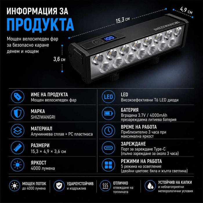 Ултра ярък 15 LED бар за велосипед, 4000 lm, USB-C, Бяла и жълта светлина