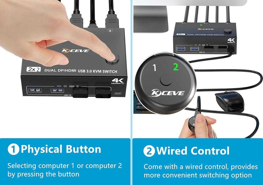 KCEVE DP HDMI USB 3.0 KVM превключвател за 2 компютъра и 2 монитора